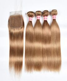 Brazilian Straight Hair Weave Bundles With Closure Honey Blonde Human Hair 3 Bundles With Closure 27 Brazilian Straight Hair Exte5389979