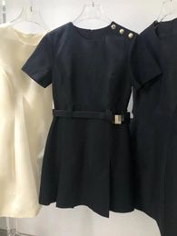 Milan Runway Dress 2024 Black Crew Neck Short Sleeves Slim belt Buttons Long Dresses Holiday Vestidos De Festa 3081