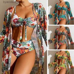 Women's Swimwear Size S-3XL Bikini Three Pieces Floral Printed Swimsuit Women Bikini Set With Mesh Long-Sleeved BlouseBra Top with Pad Swimwear L240308