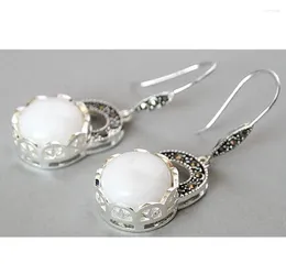 Dangle Earrings Jewelry Pretty Lady's 925 Silver White Shell Marcasite 1.8"