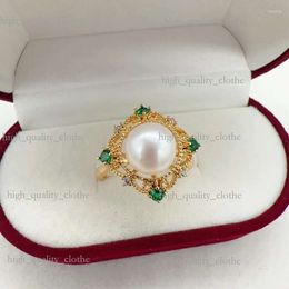 Cluster Rings 14K Gold Gild Diamond Design Square Pearl Ring Exquisite Elegant Green Zircon Natural Jewellery For Women Gift 413