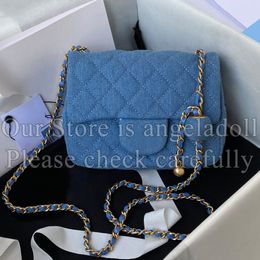 10A Mirror Quality Designers Mini Square Pearl Crush Bags Womens Small Rectangle Flap Gold Ball Bag Luxury Blue Denim Quilted Purse Crossbody Shoulder Strap Box Bag