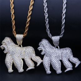 Fashion Walking Gorilla Pendant Iced Out Bling CZ Stone Animal Necklaces For Men Rapper Hip Hop Jewelry237f