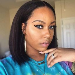 Yaki Human Hair Wig Short Bob Yaki Straight Lace Front Wigs With Baby Hair Middle Part Peruvian Lace Wigs7543529