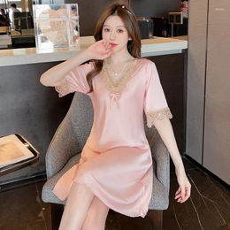 Women's Sleepwear 2024 Silk Pajamas For Women Spring Summer Thin Sexy Sweet Lace Embroidered Nightdress Female Short Sleeved Home Nightgown