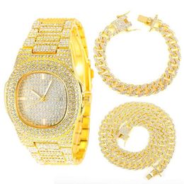 Strands Necklace Watch Bracelet Iced Out Men Miami Curb Cuban Link Chain Gold Silver Colour Paved Rhinestones Hip Hop Jewellery 230613