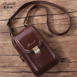 100% Cowhide Genuine Leather Mens Waist Bag Male Messenger Belt Loops Chest Bag 6 inch Mobile Phone Holder Pouch Male Purse 240304