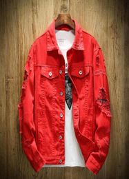 Men Denim Jacket Turndown Collar Ripped Holes Outwear Red White Pink Black Jean Jackets Autumn Winter Plus Size 4XL Streetwear Wo6405927