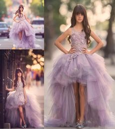 Luxury High Low Flower Girls Dress for Teens 3D Floral Appliques Hand Made Flowers Purple Ball Gown Junior Party Pageant Dress4907243