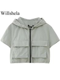 Jackets Willshela Women Fashion With Pockets Light Green Front Zipper Jackets Vintage Hooded Neck Short Sleeves Female Chic Lady Outfits