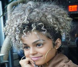 Women girls Grey hair ponytail extension silver grey afro bun or puff curly drawstring human hair ponytails clip in real hair exte9114888