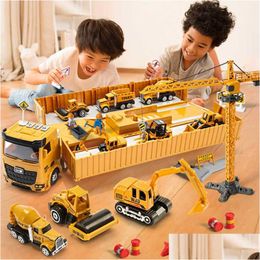 Diecast Model Cars Alloy Engineering Bldozer Crane Construction Truck Tower Designer For Boys Play Excavator Vehicles Set Toys Drop D Dhsdd