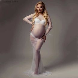 Maternity Dresses See Through Stretchy Mesh Maternity Photography Dresses Full Sleeve Boat Neck Pregnancy Photo Shoot Long Dress3023 L240308