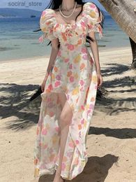 Maternity Dresses 2024 Summer Pink Puff Sleeve High Split Floral Print Midi Dresses For Women High Waist French Sweet Beach Holiday Vestidos Mujer L240308
