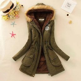 Women's Trench Coats VOLALO Winter Women Military Badge Peach Skin Velvet Hooded Fur Collar Drawstring Waist Thickened Warm Mid-Length