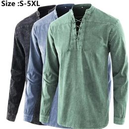 Plus Size 4XL 5XL Mens Casual Long Sleeve Tshirt Retro Solid Medieval Lace Up V Neck Loose Soft T Shirt For Men Tops 240223