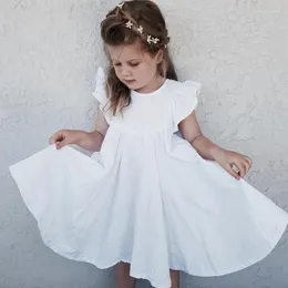 Girl Dresses Solid White Girls Dress Ruffle Sleeve Kids Summer Clothes Baby Linen Cotton A-line Casual O-neck