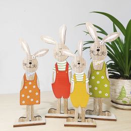 2PCS Easter Bunny Wooden Ornaments Cute Cartoon Rabbit Crafts for Home Party Desktop Decoration 240301