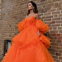 Party Dresses 2024 Orange Sexy V-Neck Evening Ruffles Sleeves Organza Off Shoulder Tiered Floor-Length Zipper Prom