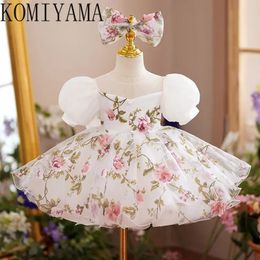 Elegant Girl Birthday Robe Flower Print Puff Sleeve Pearls Junior Bridesmaid Dress Princess Fairy Bow Ball Gown Dresses 240306