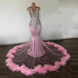 Sexy Pink Mermaid Prom Dresses For Black Girls Beads Feathers Graduation Party Gowns Evening Dress Vestidos De Fiesta