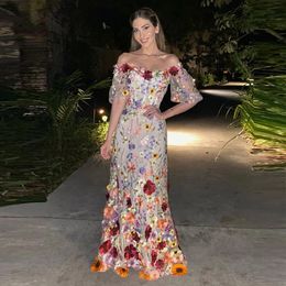 Embroidery Floral Lace Long Prom Dresses Off The Shoulder Short Sleeves A Line Floor Length Special Occasion Gowns For Women 2024 Graduation Evening Party Dress