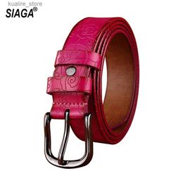 Belts Fashion Design Floral Pattern Rose Red Genuine Leather Female Belt Womens Pin Buckle Metal Belts 28mm Wide 2023 FCO082 L240308