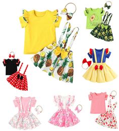 kids Clothing Sets girls outfits Children Flying sleeve TopsPineapple watermelon Avocado Strawberry Floral strap dressBow 3pcss2593988