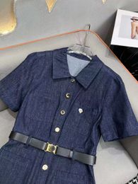 Milan Runway Dress 2024 Blue lapel Neck Denim Short Sleeves Slim Sashes Belt Long Dresses Holiday Vestidos De Festa 30813