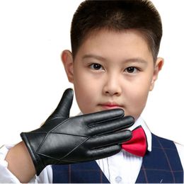 Genuine Leather Gloves Childrens Glove Winter Warm Velvet Lined Five Fingers Kids Sheepskin For Boys NM9645 240226