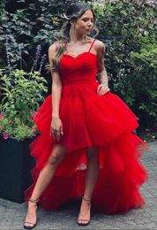 Red Straps Long Prom Dress High Low Evening Party Gown Pleated Multi Layers Pageant Gowns Custom Made
