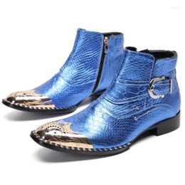 Boots British Style Snakeskin Pattern Ankle For Men Buckle Strap Iron Toe Business Work Dress Wedding Shoes Blue