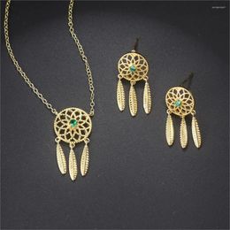 Necklace Earrings Set Dream Catcher Sets For Women Retro Ethnic Green Zircon Light Gold Color Tassel Earring Fashion Jewelry S524