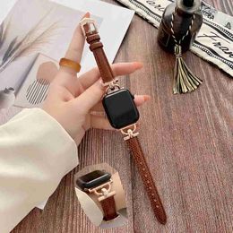 Bands Watch Watch Straps Guard bands Leather Rose Gold Connector Ladies For Strap iwatch Series 7 3 4 5 SE 6 Watchband Bracelet Women Fashion Brown Present 240308