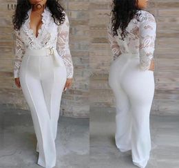 White Jumpsuit Women Lace Stitching Long Sleeve Vneck Plus Size Wide Leg Long Pants Office Lady Jumpsuits for Women8616860