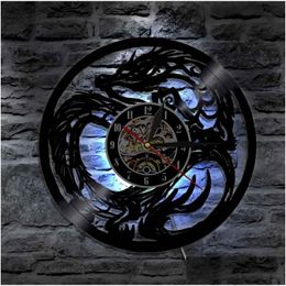 Wall Clocks Dragon Art Clock Battery Operated Modern Design Record With Led Lamp Home Living Room Decoration Drop Delivery Garden Dec Dhmjq
