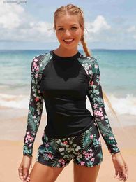 Women's Swimwear Womens Floral Printed Rash Guard Long Sleeve Swimsuits Sunscreen Surfing Suit Bathing Separate Swimwear Boxer Shorts Swim L240308