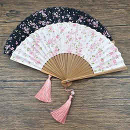 Decorative Figurines Vintage Folding Bamboo Fan Romantic Cherry Blossom Handmade Cotton Small Carry-On Daily Wedding Craft Home Decoration