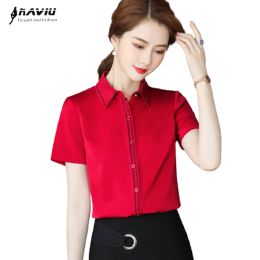 Shirts Red Shirt Women Short Sleeve 2022 Summer New Interview Formal Temperament Chiffon Blouses Office Ladies Work Tops White