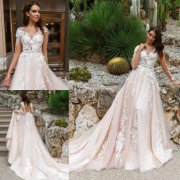 TOUNNINGBRIDE 2024 Modest 3D Appliced ​​Wedding Dresses With Long Hermes A Line V Neck Chapel Train Tulle Plus Size Backless Beach Brudklänningar