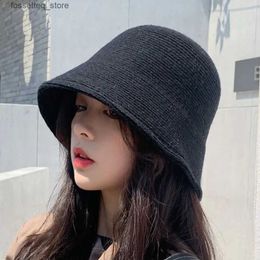 Wide Brim Hats Bucket Hats Winter Women Elegant Wool Bucket Hat Knitted Thick Warm Dome Fisherman Hat Solid Color Versatile Vintage Outdoor Panama Hat L240305