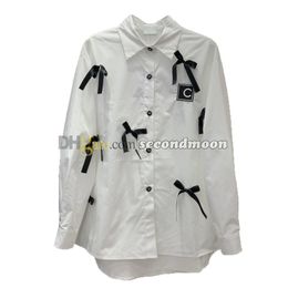 Bowknot Decoration Blouses Women Letters Embroidered Shirts Lapel Neck Long Sleeve Blouse Designer Tees