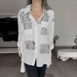 Women's Blouses Single Breasted Thin Blouse Stylish Spring Shirt With Letter Print Pockets Irregular Hem For Spring/autumn Women