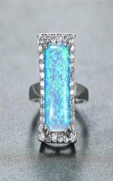 Wedding Rings Vintage Silver Color Ring Big Rectangle Stone Engagement Cute Female White Blue Fire Opal For Women JewelryWedding2377345