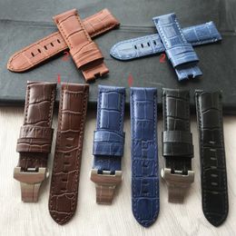 24mm Handmade Black blue Stitched Genuine Calf Leather Watch Strap Band For deployment buckle Watchband Strap for PAM233J