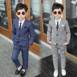 Kids Pant Blazers Set Spring Autumn Boys Casual 2pcs Suits Jackets Plaid Single Button Children Party Wedding Clothes 3-11y 240304
