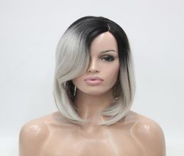 Do Not Cut Lace Front HIVISION Ombre Grey Black Root Heat ok Synthetic Hair Hand tied Invisible L Part Wig Straight Bob wig2893731