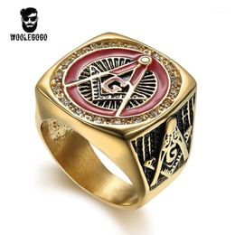 whole Red Enamel Masonic Ring Mens Rhinestone Gold Rings Vintage 316L Stainless Steel masonry CZ Ring Punk Men Jewelry Gif265R