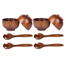 Dinnerware Sets Wood Spoons Bowl Set Wooden Flatware Tableware Cutlery Soup Rice Bowls Serving For Eating