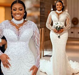 Plus Size Arabic Aso Ebi Sheer Neck Mermaid Wedding Dress Long Sleeves Sexy Bridal Gowns Dresses Custom Made BC14230